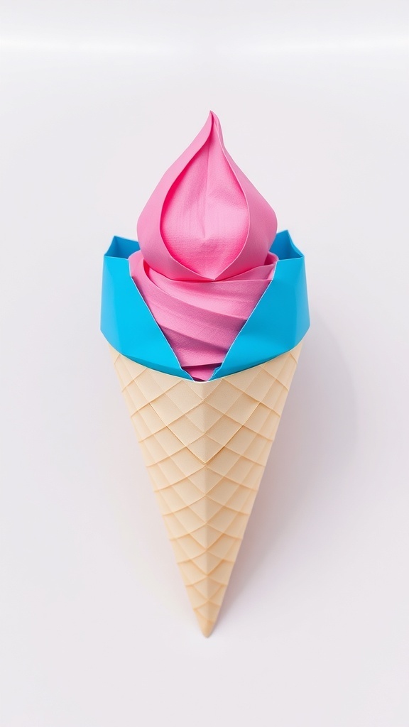 A vibrant origami ice cream cone with a colorful scoop on top, displayed on a light surface.